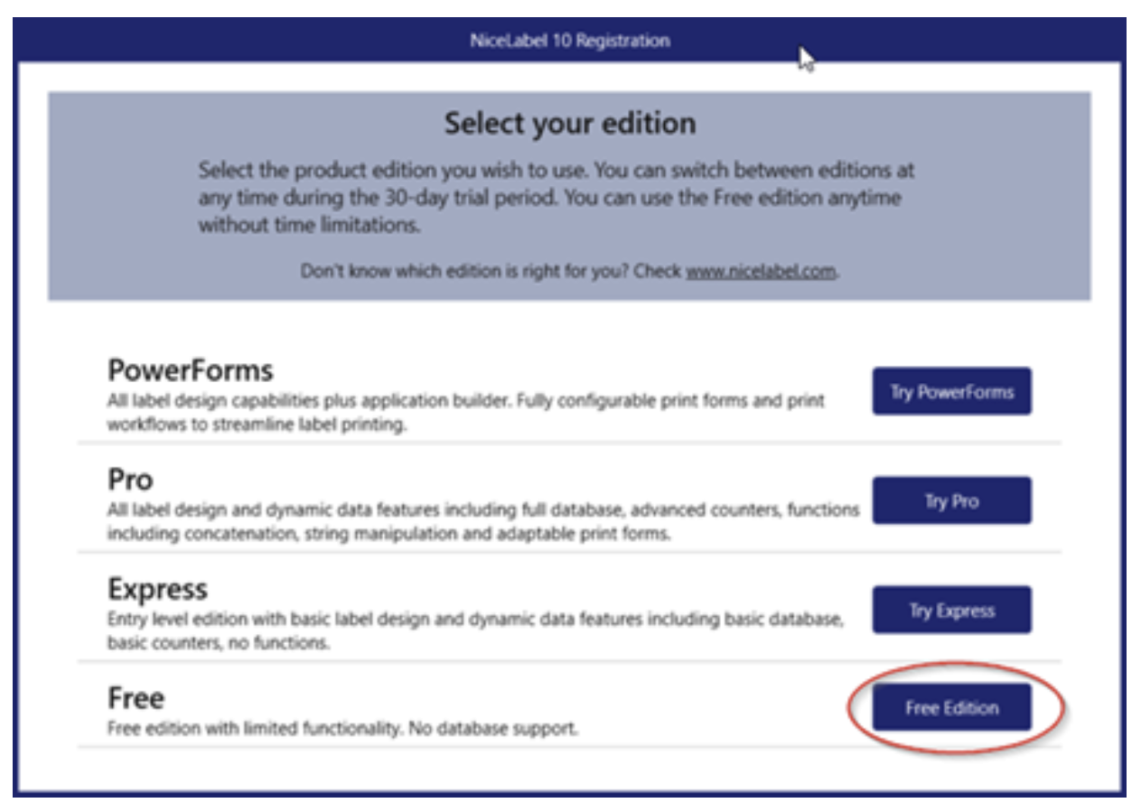 Loftware Nicelabel FREE Editon seçeneği